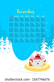 December month 2020 template design. Calendar 2020 with funny and cute rat. Vertical layout. Animal character in skiing pose. Mouse in winter forest. Vector illustration