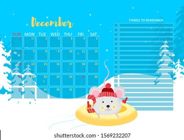 December month 2020 template design. Calendar 2020 with funny and cute rat. Horizontal layout. Animal character in snow tube. Mouse in winter forest. Vector illustration