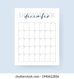 December month 2021 calendar. Layout for 2021 years. Week starts from Sunday. Wall calendar template for 2021 year. Planner diary in a minimalist style. Vector EPS 10. Isolated on background.
