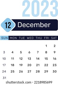 December Month 2023 Calender Dates in Blue color, editable separate month vector