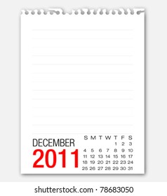 December month calendar 2011 on note paper