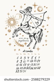 December month calendar with hand drawn sagittarius zodiac signs illustration, planets, sun, moon, stars. Horoscope background, astrology planner in black and gold colors.