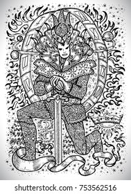 December month graphic concept. Hand drawn engraved fantasy illustration. King in mask with sword against the cosmic background of the departing year