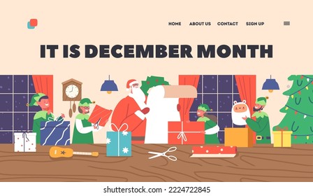 December Month Landing Page Template. Santa Claus Working With Elves In Office Room Reading Gift List and Prepare Presents to Kids for Merry Christmas And Happy New Year. Cartoon Vector Illustration