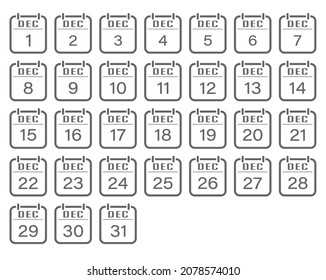 December is a month with numbers. A set of calendar sheets for website and applications, scrapbooking and creative design. An empty contour. Flat design.