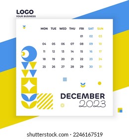 December month, stationery, print, poster in blue and yellow colors, minimalist template for your business, geometric calendar 2023, advertising