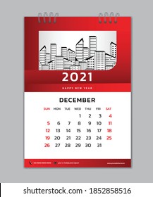 December month template, Desk Calendar 2021 Creative design can be place photo and logo, Week starts on Sunday, vector for calendar 2021 template, Red gradient background
