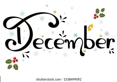 December month vector with autumn flowers and leaves. Decoration text floral. Hand drawn lettering. Illustration December