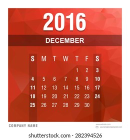 December Monthly Calendar 2016 vector design template. polygonal red background - abstract new year calendar template vector illustration