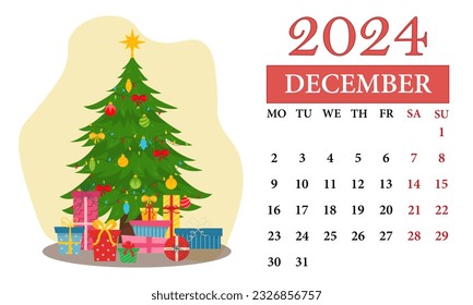 December Monthly calendar 2024 with a Christmas tree