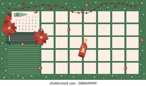 December. Сhristmas monthly planner. Organizer. Paper sheet. New Year set. Isolated vector colorful element. 