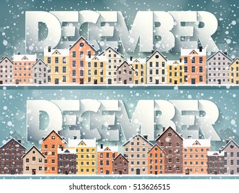 December month,winter cityscape.City silhouettes.Town skyline. Panorama. Midtown houses.New year,christmas.Holidays in January February.