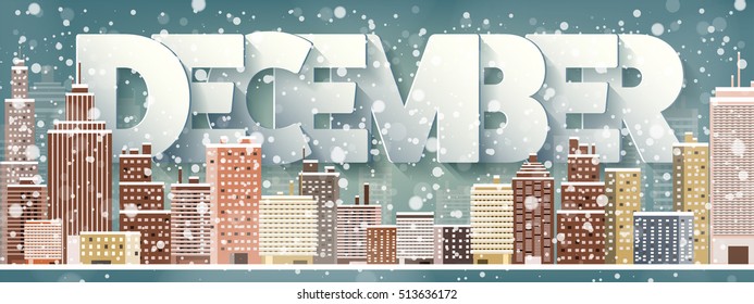 December month,winter cityscape.City silhouettes.Town skyline. Panorama. Midtown houses.New year,christmas.Holidays in January February.