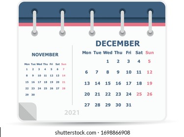 December and November 2021 - Calendar Icon - Double Calendar - Week strats monday. Calendar design template. 