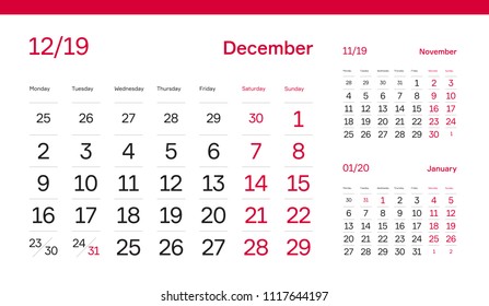 DECEMBER PAGE. 12 Months Premium 2019 Calendar Grid Set. Table, Wall, Desk, Quarter Diary Calendar 2019 Year Design. Clean, Simple Diary Planner. Vector, Editable. White Background and Red Font.