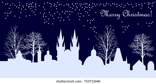 December panorama of the old historical town. Christmas illustration with buildings and trees. Template for cards, invitations, tickets and covers. Blue and white.