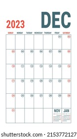 December. Planner 2023 year. English vector vertical template. Week starts on Sunday