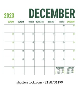 December. Planner 2023 year. English vector square calendar template. Minimalistic design. Week starts on Sunday