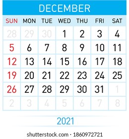 December Planner Calendar 2021. Illustration of Calendar in Simple and Clean Table Style for Template Design on White Background. Week Starts on Sunday