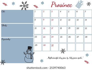 December planner with a winter theme, perfect for organizing goals, tasks, and notes. Features snowflakes and a snowman illustration, adding a festive touch for the holiday season.