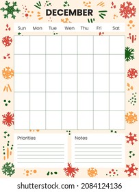Dezember Printable Monatsplaner, Veranstalter. Winterhintergrund. Feiertage, Weihnachten. Notizen, um Liste zu machen. Planungsblätter für das Zeitmanagement. Vorgefertigte Bürogerätehersteller. 