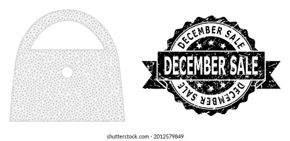 December Sale rubber stamp seal and vector lady bag mesh model. Black seal has December Sale text inside ribbon and rosette. Abstract 2d mesh lady bag, designed with flat mesh.