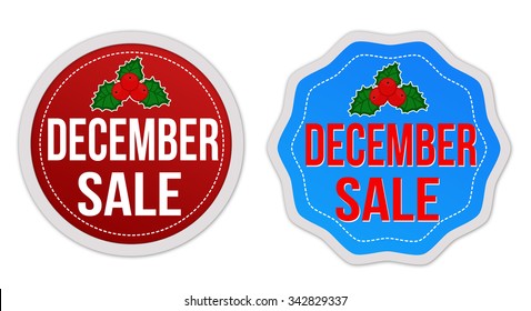 December Sale Stickers Set On White Background, Vector Illustration