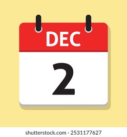 Segundo de diciembre. 2 de diciembre. Calendario diario en Vector de diseño plano. Concepto de tiempo. Ilustración del día. Icono de fecha. Mes.