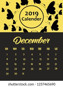 December, simple calender template, with butterfly background