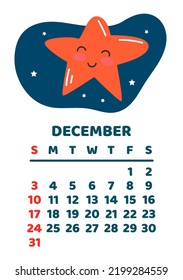 December. Space calendar planner 2023. Weekly scheduling, planets, space objects. Week starts on Sunday. White background