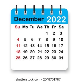 December spiral calendar page icon. Blue leaf. Winter 2022. Organizing background. Vector illustration. Stock image. 