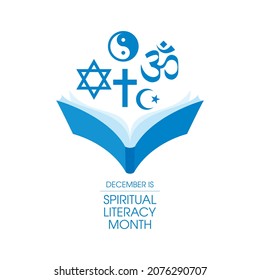 Diciembre es un vector del Mes de Alfabetización Espiritual. Abrir libro con símbolos religiosos conjunto de iconos vector. Icono de libro sagrado aislado en un fondo blanco. Día importante