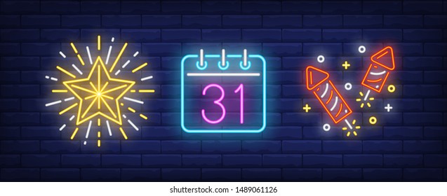 December thirty first on calendar and fireworks neon signs set. Christmas, New Year Day design. Night bright neon sign, colorful billboard, light banner. Vector illustration in neon style.