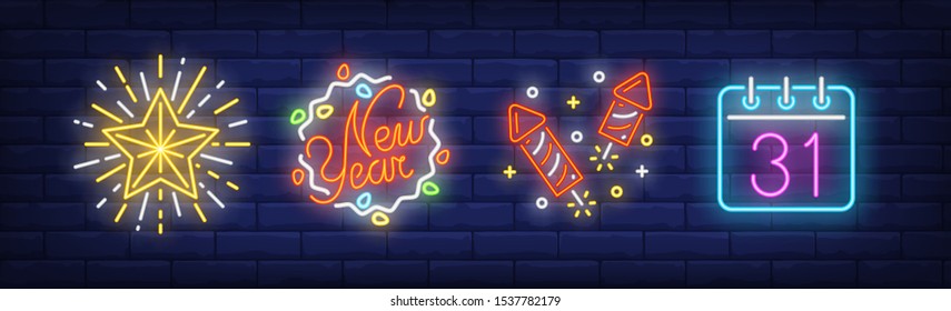 December thirty first on calendar and fireworks neon signs set. Christmas, New Year Day design. Night bright neon sign, colorful billboard, light banner. Vector illustration in neon style.