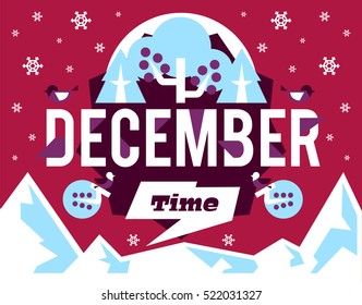 December time. Designed for printing, postcards, calendars, notebooks, diary. Mountains, hills. Winter season. Bullfinches, berries, pine. Falling snow. Vector illustration. Flat style