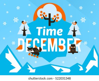 December time. Designed for printing, postcards, calendars, notebooks, diary. The owl and the raccoon sitting on the letter, rowan, winter apples. Snowy mountains. Snowfall. Winter season.