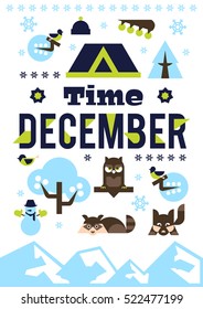 December time. Designed for printing, postcards, calendars, notebooks, diary. Set winter season objects. Owl, raccoon, dog, snowman, pine, bullfinch, berries, house. Vector illustration