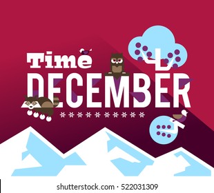 December time, vector illustration on the theme of December. Designed for printing, postcards, calendars, notebooks, diary. Owl and raccoon sitting on the letters, rowan, winter apples.