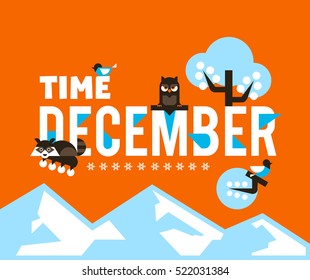 December time, vector illustration on the theme of December. Designed for printing, postcards, calendars, notebooks, diary. Owl and raccoon sitting on the letters, rowan, winter apples.