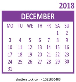 December. Twelfth page of set. Calendar 2018, template. Week starts from Monday. Vector illustration