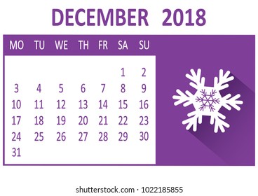 December. Twelfth page of set. Calendar 2018, template. Week starts from Monday. Vector illustration