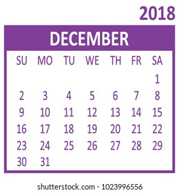 December. Twelfth page of set. Calendar 2018, template. Week starts from Sunday. Vector illustration