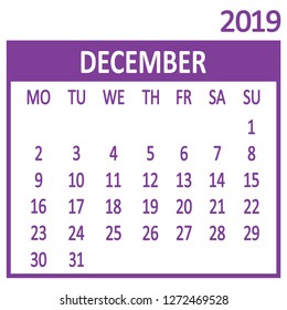 December. Twelfth page of set. Calendar 2019, template. Week starts from Monday. Vector illustration
