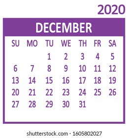 December. Twelfth page of set. Calendar 2020, template. Week starts from Sunday. Vector illustration