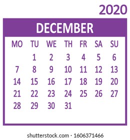 December. Twelfth page of set. Calendar 2020, template. Week starts from Monday. Vector illustration