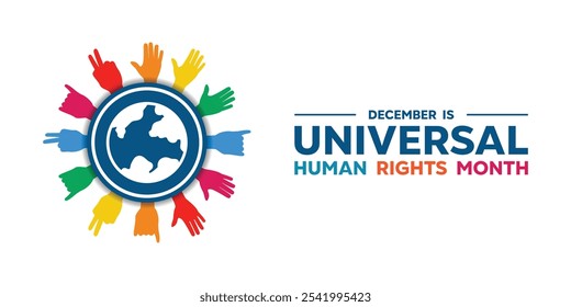 December is Universal Rights Month. Earth and hands. Great for cards, banners, posters, social media and more. White background.