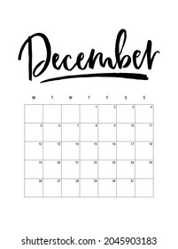 December. Vector Calendar 2022 Planner. US Letter size. Week starts on Monday. Hand drawn lettering. Minimalist black and white design.
