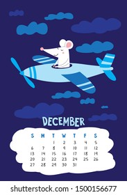 December. Vector calendar page with cute rat pilot flying in plane - Chinese symbol of 2020 year. Editable template A5, A4, A3 size, can be printed and used as desk, table, wall calender for plans