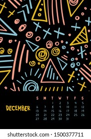 December. Vector colorful monthly calendar for 2020 year with abstract marker doodle. Editable template A5, A4, A3 size, can be printed and used as a desk, table or wall calender for your plans.