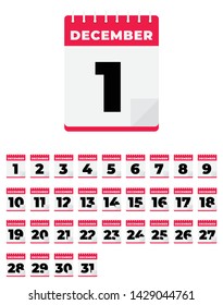 December. Vector flat daily calendar set. Icon. day, month, year.